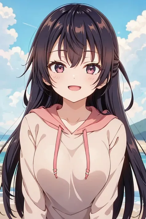  best quality,  in ultra high quality, 8k,  upper body,  cute,  from the front, anime,  high resolution eyes,  beautiful girl,  open their mouths, Yuki Suo, Unprecedented, smile,  long hair,  hoodie, 