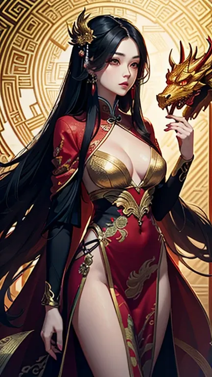 Create a vibrant digital artwork depicting a long-haired woman with flowing black hair, dressed in a red and gold gown inspired by Chinese culture. She is gracefully interacting with a majestic golden dragon, its shimmering scales glowing with brilliance. ...