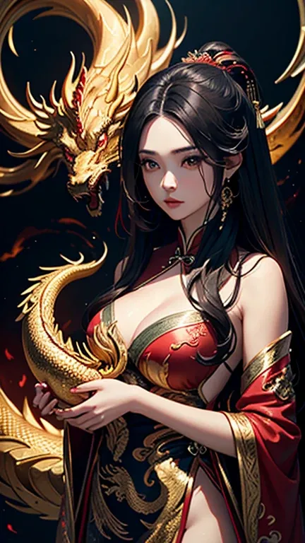 Create a vibrant digital artwork depicting a long-haired woman with flowing black hair, dressed in a red and gold gown inspired by Chinese culture. She is gracefully interacting with a majestic golden dragon, its shimmering scales glowing with brilliance. ...