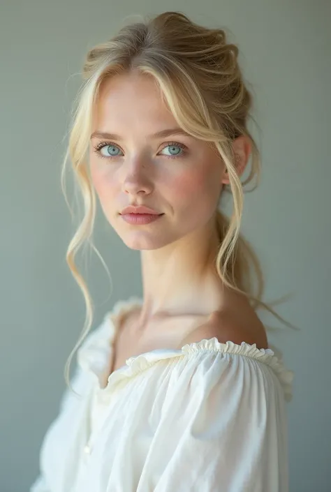 Blonde girl with blue eyes and white shirt posing for a photo