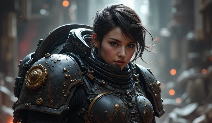 8k, UHD, Realistic, full body, Beautiful, captivating, female space marine from 20 and Back project, facial mixed of Kim Ji-won, deep cleavage, depending the Kuiper Belt from Draconian, heavily armed, wearing heavily armored suit, displaying her advanced w...