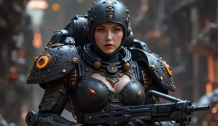 8k, UHD, Realistic, full body, Beautiful, captivating, female space marine from 20 and Back project, facial mixed of Kim Ji-won, deep cleavage, depending the Kuiper Belt from Draconian, heavily armed, wearing heavily armored suit, displaying her advanced w...