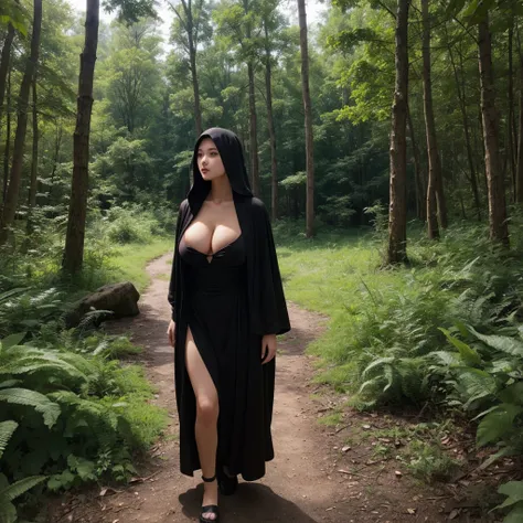 (( best quality)), ((masterpiece)), 1girl , Alone、 Black Robe 、 black dress 、 in the woods、 Looking ahead 、 beauty、Big Breasts、valley