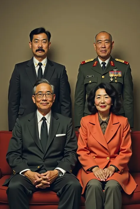 Family portrait— his younger brother, A young Japanese man (25 years old), Colonel Asahi with a mustache, stood tall at the back left, reflective of a man holding responsibilities beyond his years. A young bald Major Yuki (26 yeyeArs old)stood at the back ...