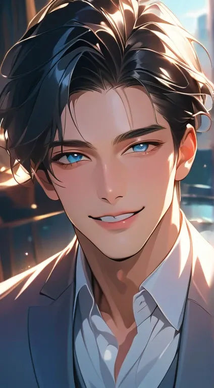 a mature man with short black hair,     blue eyes, 31 years old, and a perfect face, smiling in love, CEO,     Cinematic Lighting , 1:4 HDR image    ,   seen from above  ,     extremely detailed ,     best quality,     masterpiece , 8k,    photorealistic  ...