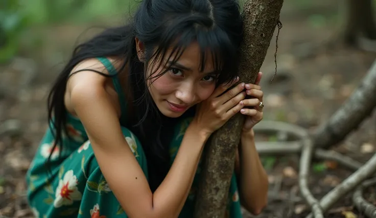 A beautiful Indonesian woman with a high nose, in her 30s, with long messy hair and a thin body, is squatting with her head down crying while hugging a piece of tree branch facing the camera, wearing a green dress with a flower pattern that is very dirty w...