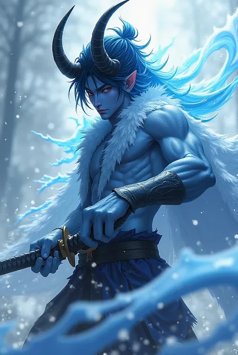  Create a male anime-style character , Male half oni and half human with a katana, Pair of horns and a more human face, His skin is bluish in color and he has an aura of ice and snow around him.