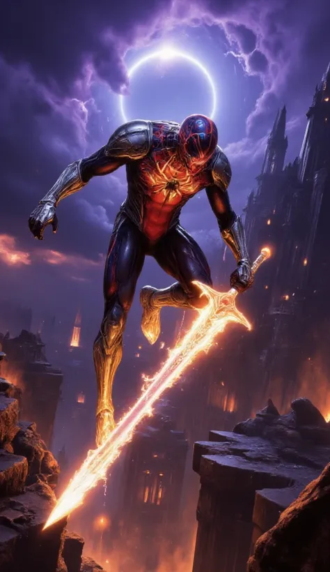 (((Spider-Man reimagined as a Githyanki fighter from the Baldur's Gate universe))), blending his iconic spider suit with intricate fantasy armor and attire of a Githyanki warrior. The character is mid-air, performing a dynamic web-slinging action, with one...