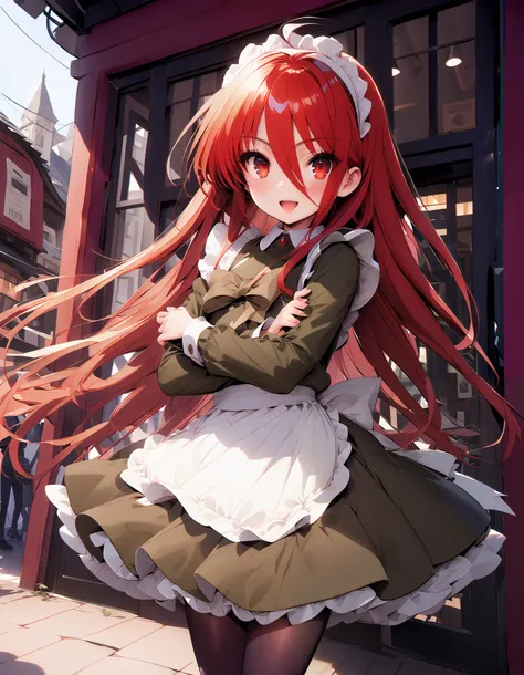 shana ,Alone, long hair, Red Hair, red eyes, stupid hair,smile,blush, open their mouths,Maid服,rib tights , black pantyhose , pin heels,black色ロングスカート,Maid head dress , Maid apron, Maid Dress,Maid, Maid outfit,black_ dress ,Holding a stack of papers in bo...