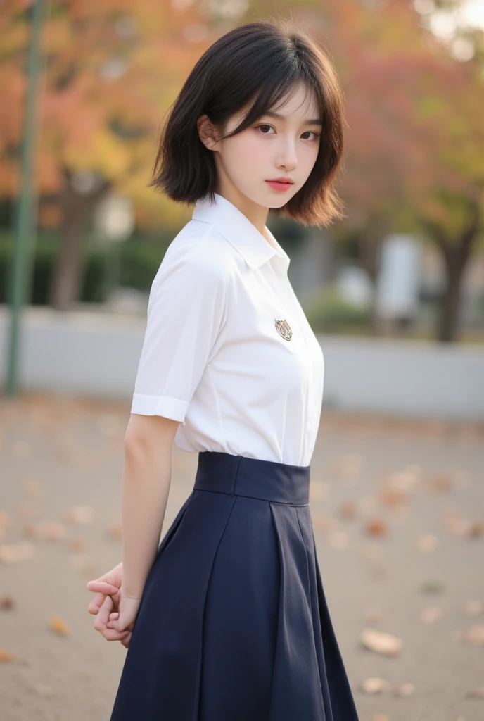 Prompt:
"Portrait of a young Chinese high school girl, around , standing with her body slightly turned away from the camera, showcasing the upper part of her back and her hands clasped casually behind her high-waist skirt. Her posture is slightly relaxed, ...