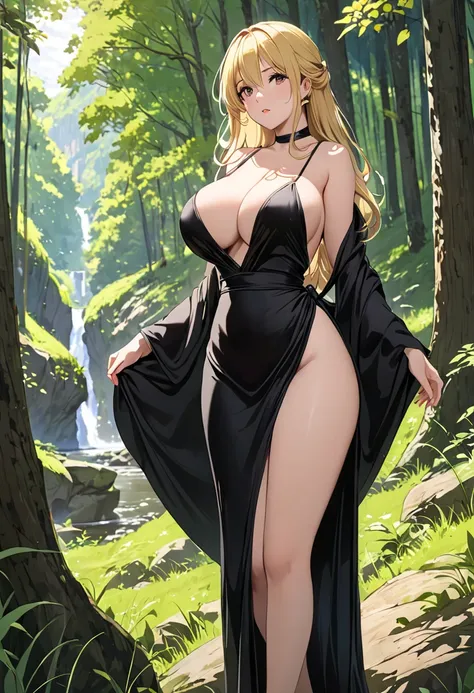 (( best quality)), ((masterpiece)), 1girl , Alone、 Black Robe 、 black dress 、 in the woods、 Looking ahead 、 beauty、Big Breasts、valley、 blonde、Standing Alone