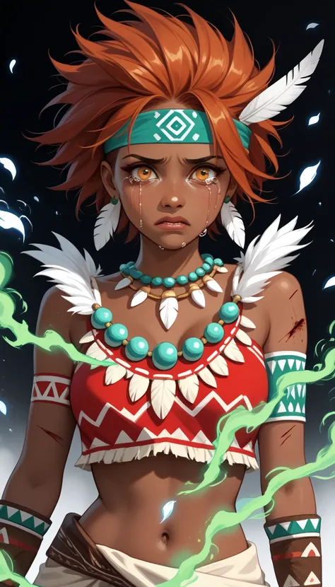 ((crying, devastated expression)), ((covered in blood, wounded)), Solo, dark skinned girl, really short hair, spiked hair, auburn hair, golden eyes, Feathered Tribal Headband, Feathery Angelic Clothes, Tribal Makeup, Jeweled golden necklaces, Jeweled gaunt...