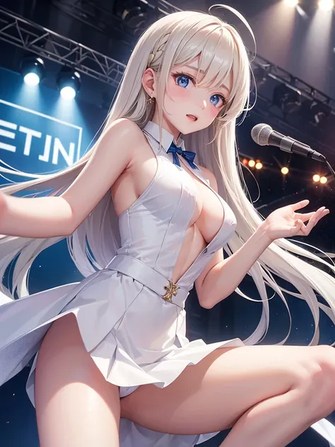 woman、20 years old、 stage、White suit、The shirt is sleeveless、 blonde、 long hair、blue eyes、Irish Dancer、 big breasts
