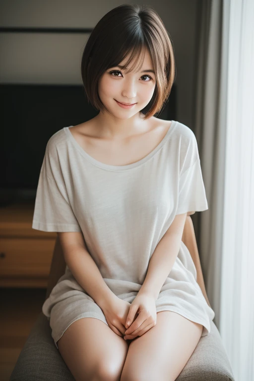  best quality,  focus on face , Soft light, ( allow depth of field) , super high resolution, ( photorealistic:1.4),  RAW photo, ( Moody Lighting ,   knight :1.2), bedroom,
(Upper thigh:1.4)
 a Japanese girl , Alone,  cute, Cute, (shy, smile:1.1), ( brown e...