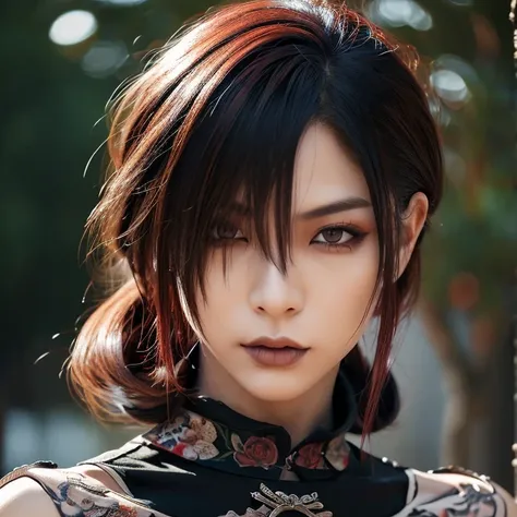 1 man, male, Japanese  man, Visual Kai hairstyle, ultra detailed face and eyes, hyperrealistic, realistic representation, muscular, broad shoulders, yakuza tattoos, Visual Kei style, hairstyle Visual Kei, blond, long hair, 40 years old, age 40, outfit goth...