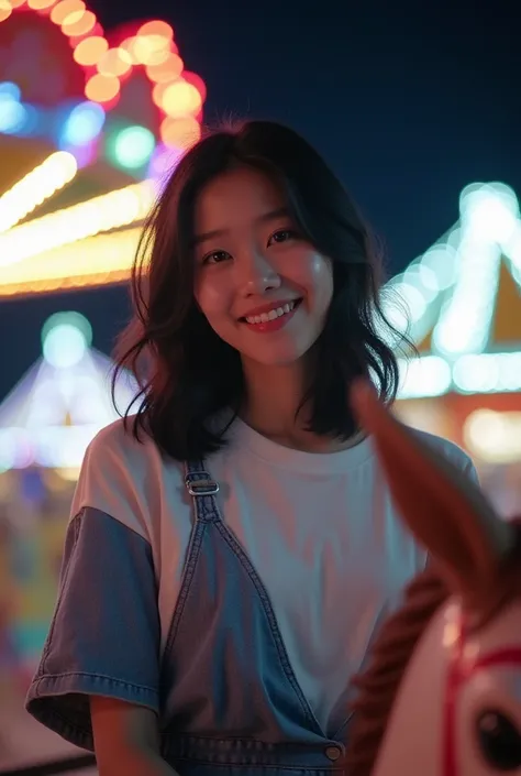 A beautiful Korean girl with white skin smiling shiny black hair wearing a white t-shirt Denim jumper facing the camera is sitting on a horse at a funfair site at night against the background of a wide variety of light games unique lights of the funfair in...