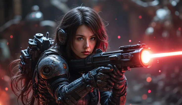 8k, UHD, Realistic, full body, Beautiful, captivating, female space marine from 20 and Back project, facial mixed of Kim Ji-won, highly detailed face, fiery and weary looked yet captivating, deep cleavage, depending the Kuiper Belt from Draconian, heavily ...