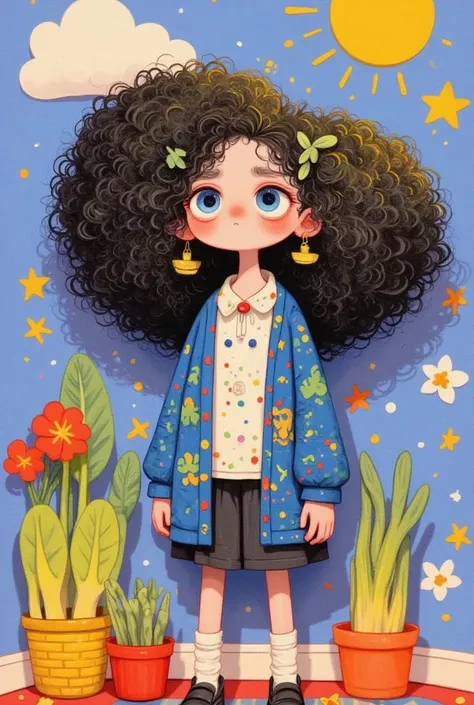  Cartoon girl with big curls standing in a room  , Broccoli hair  ,   Beautiful detailed digital art  ,   Colorful illustration  ,  Beautiful Art Style,  possible , cute illustrations,   Lovely art details  ,   Colorful illustration  ,   ,   a beautiful ar...