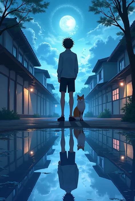  Make an anime illustration where there's a guy with his back looking back at a school with his reflection on the floor, showing another world with him looking different , Make the guy from the top have a fox along with him 