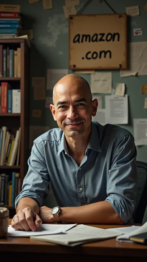 "Young Jeff Bezos sitting in a cluttered office with bookshelves and a handwritten 'Amazon.com' sign on the wall. He looks determined despite the chaotic environment."