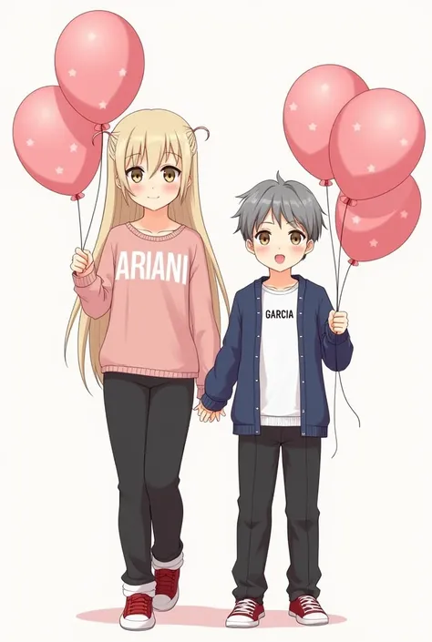 Girl with long shiny blond hair with brown eyes wearing a rower with a pink blouse with the name ARIANI wearing black pants with red shoes accompanied by a boy with short light black hair with brown eyes wearing a white t-shirt with a blue sweater with the...