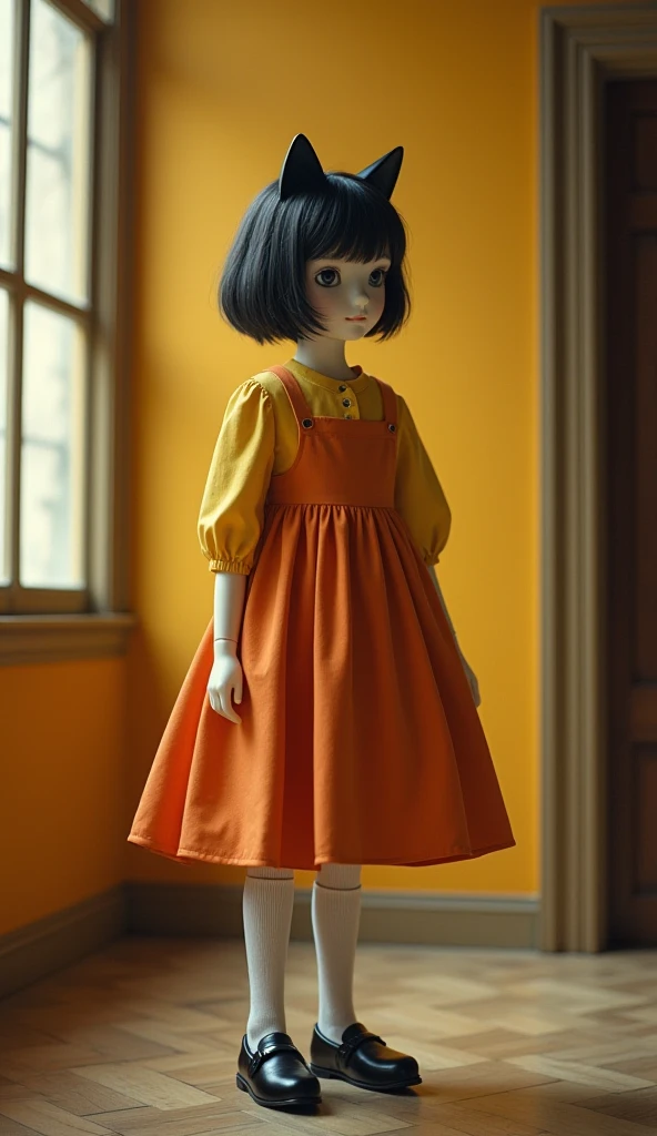  Fantastic　A palace without a window　 yellow long-sleeved shirt 　orange dress with shoulder straps　 high socks white socks　Black shoes　The body is a  girl　The face is a mannequin cat　 short dark hair 
