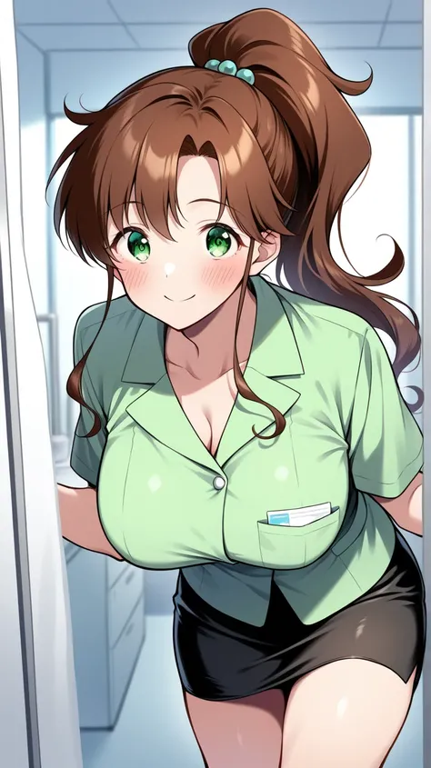 obra maestra, mejor calidad, 1 girl, Kino Makoto, solo, LONg hair, smile, blush face, Brown hair, green eyes, ponytail hairstyle, LARGE boobs, DOctor outfit, ESTetoscopio, HOSPITAl background, looking at viewer, Black skirt, formal skirt, bata blanca, gree...