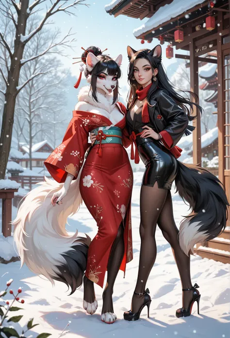 2 furry girls, tight skirt, pantyhose, furry, fluffy tail, slim waist, wide hips, large butt, small perky breasts, paws, winter, white fur, beautiful hair, seductive eyes, lesbian, black hair, blue eyes, red eyes, kimono.