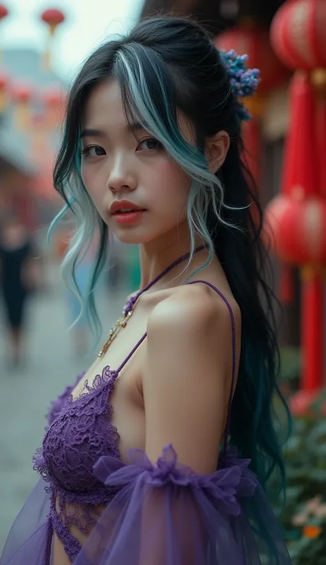 Bé Du, a beautiful vietnamese chubby face girl with piebaldism, black and white hair with a streak of white, real woman demi-long hair. realistic image with cinematic angle, excite. A splendid female with mystical purple and teal sheer Maxi opened lace gow...