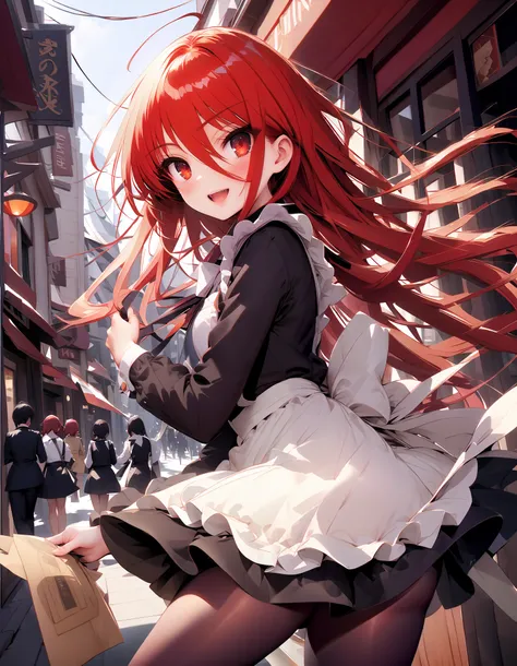 shana ,Alone, long hair, Red Hair, red eyes, stupid hair,smile,blush, open their mouths,Maid服,rib tights , black pantyhose , pin heels,black色ロングスカート,Maid head dress , Maid apron, Maid Dress,Maid, Maid outfit,black_ dress ,Holding a stack of papers in bo...