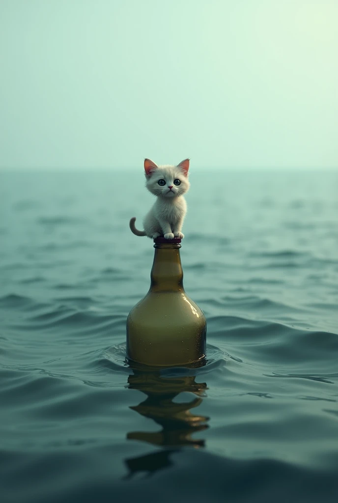 A little cat floating on the sea and sit on bottle with helpless and sad 