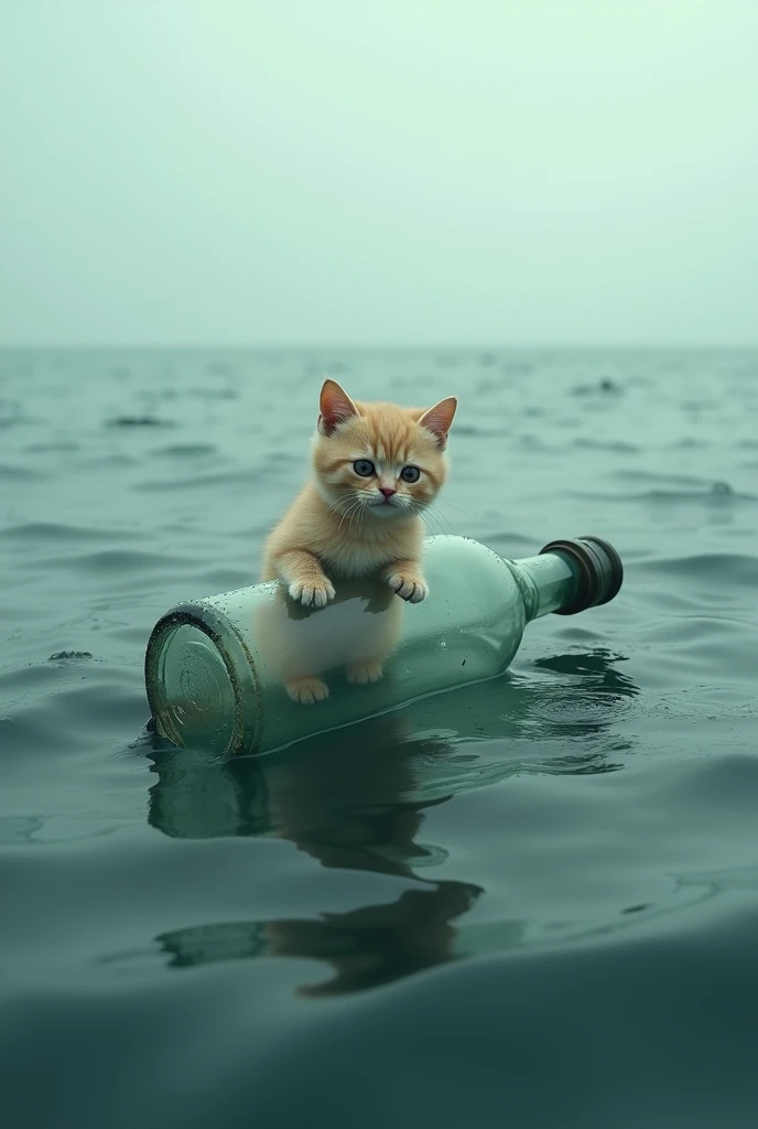 A little cat floating on the sea and sit on bottle with helpless and sad 