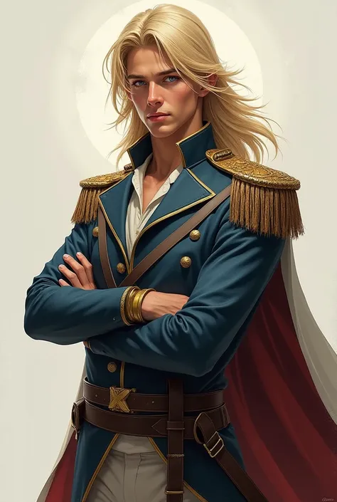  beautiful drawing ,  beautiful , athletic, European, an arrogant and cruel young warrior , a brave young scoundrel with long blond hair below his shoulders, long bangs ,  blue eyes ,  dressed in an unbuttoned long general uniform 