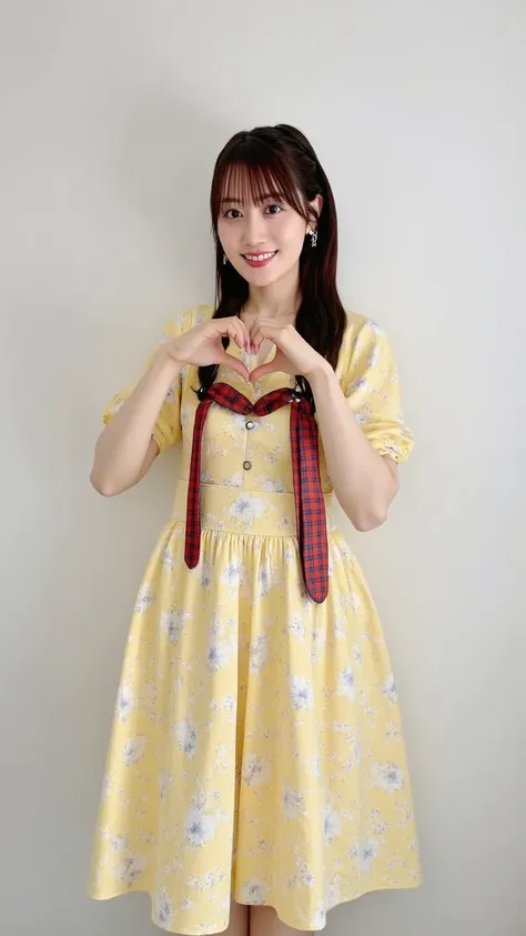 nsfw、 Clear Eyes、8k、 best image quality、masterpiece、 perfect human body、( See uniforms :1.2), (The yellow floral dress has a fitted body:1.4), ((Fasten the button, Not loose):1.5), (( Long Sleeve,  sleeves that go past the wrist):1.2), (  full body image
:...