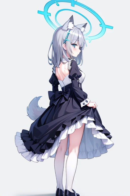 shiroko_bluearchive,wolf ears,full body，standing, from behind, white lace panties exposed