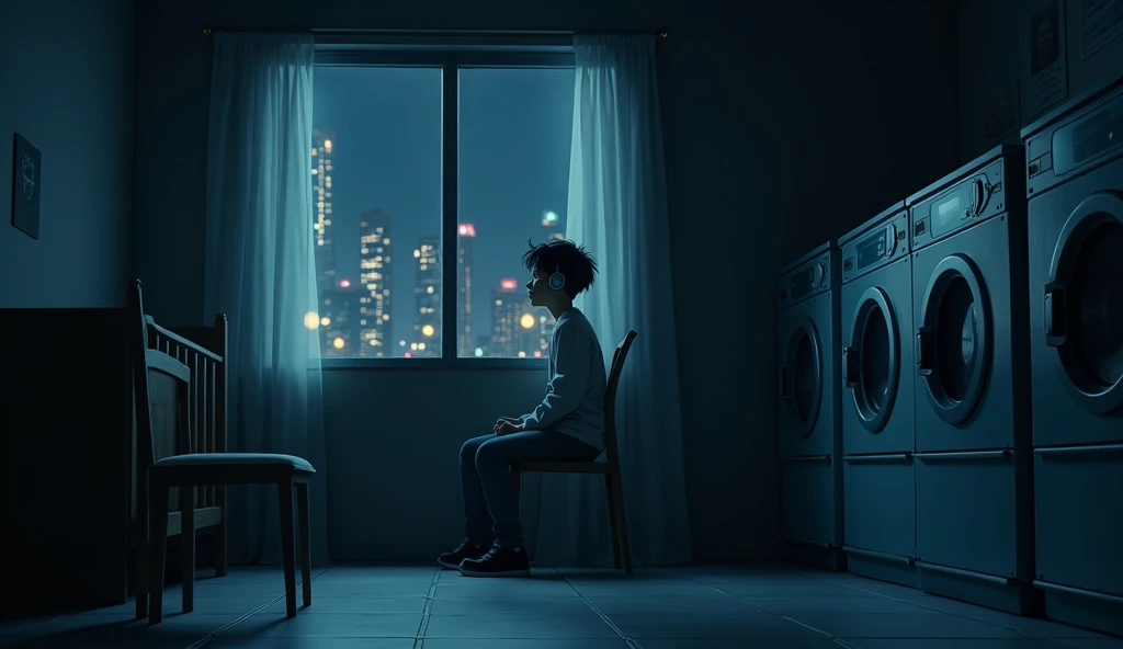  chair in the bedroom at night、 boys wearing headphones waiting at the laundromat、  city night    、  Anime  、     detailed face,      beautiful eyes,   exist, photo  exist,      high quality    , 8k,      More details, masterpiece,      dramatic lighting, ...