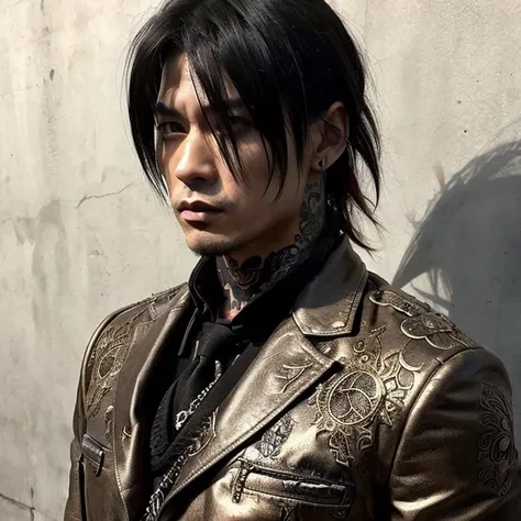 1 man, male, Japanese  man, Visual Kai hairstyle, ultra detailed face and eyes, hyperrealistic, realistic representation, muscular, broad shoulders, yakuza tattoos, Visual Kei style, hairstyle Visual Kei, blond, long hair, 40 years old, age 40, outfit goth...