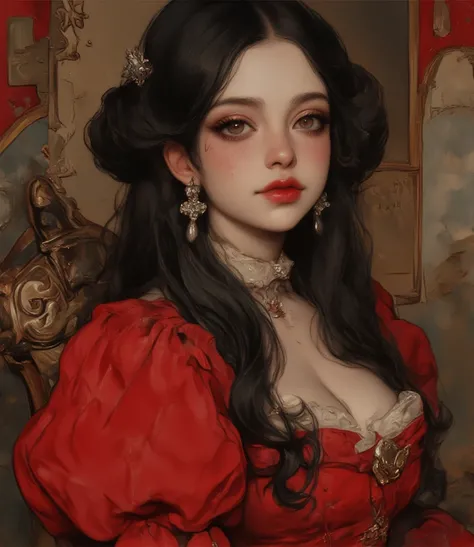 A long black haired girl, honey brown eyes and big eyelashes, freckles on her face and body, princess, full, dark red lips, red antique gown puffy sleeves, Solo, Long Hair, Black Hair, Hair Ornament, silver jewelry, Parted Lips, High Resolution, Masterpiec...