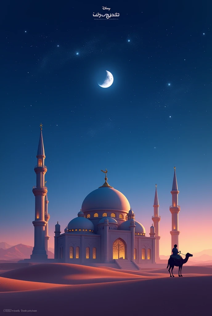 A Disney Pixar-style poster titled 'Isra' Mi'raj' with the subtitle '27 January 2025'. The image should feature a mosque, a person riding a camel in the desert, and a starry night sky with a moon. The design should be in 3D. No Disney or Pixar logos are re...