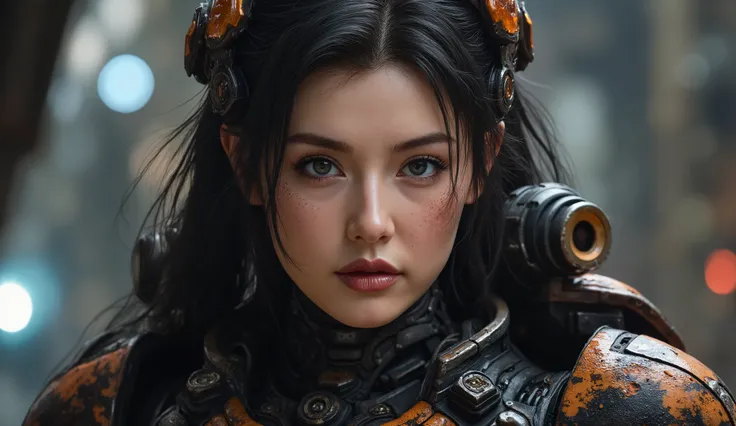 8k, UHD, Realistic, full body, Beautiful, captivating, female space marine from 20 and Back project, facial mixed of Kim Ji-won, highly detailed face, fiery and weary looked yet captivating, deep cleavage, depending the Kuiper Belt from Draconian, heavily ...