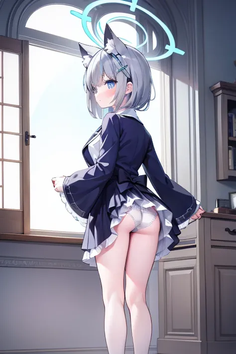 shiroko_bluearchive,wolf ears,full body，standing, from behind, white lace panties exposed,from below, looking back