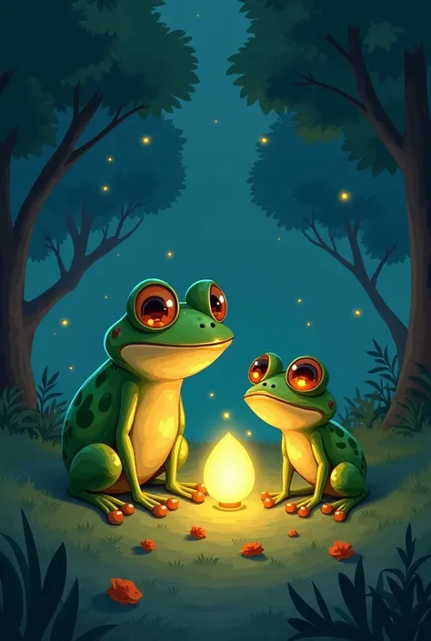 An image of this scene make it story book cartoonish and better please "Paulie the  leap frog  met Kenny the cricket. He expressed his excitement for the light festival and asked if Lenny was too. "Oh yes I am" said Kenny "but I don't think you should go"