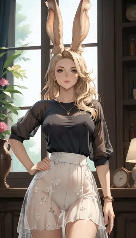 masterpiece,   graceful mature woman facing me, sexy viera, (    Granblue Fantasy),   slim,   upper body,   standing on a long-sleeved shirt ,  see-through black shirt ,   Transparent shirt, Transparent skirt, transparent breasts, transparent underware, ta...