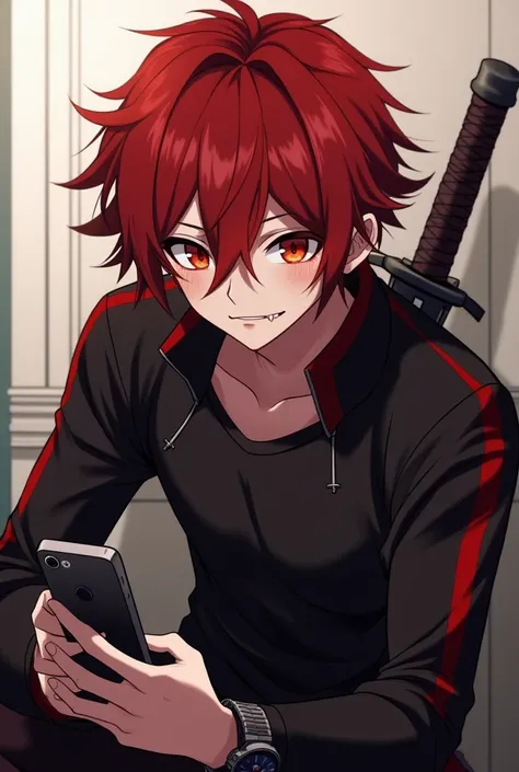 It generates a 15-year-old male anime boy with a small scar on his chin with different colored eyes(One eye red and the other orange) That the boy is smiling and that you notice a fang that has the color of red hair/ hair that you're wearing a black jacket...