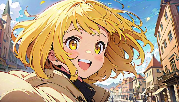 (masterpiece, Highest quality, Official Art:1.2), 
Looking at the audience, One Girl, alone, 
(yellow hair, bob cut) and (yellow eyes), Winter coat,
smile, happy, jumping, town background, 
flat illustrations, highly detailed, Dynamic Angle, beautiful deta...