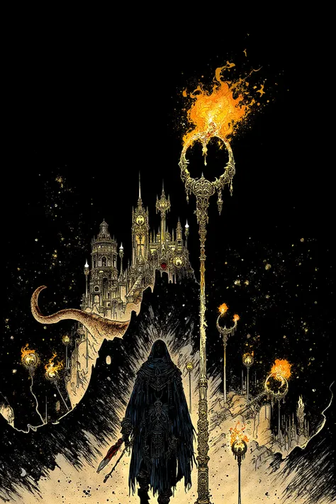 A bandit carrying a torch advances through the ruins that seem to be collapsing even now,A large snake with a huge crown at the end of the torches, Depicted on a black background ,World in the Dark ,, Thief with a black veil,RPG Character Art   ,   Highly ...