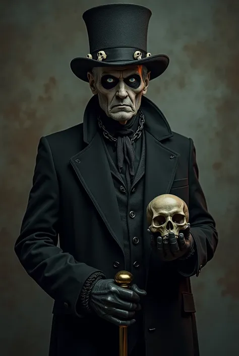 Adult man with black top hat with skulls, Father's Coat , human face , with a cane with a skull at the tip , white eyes ,The black eyelids and the skull hand