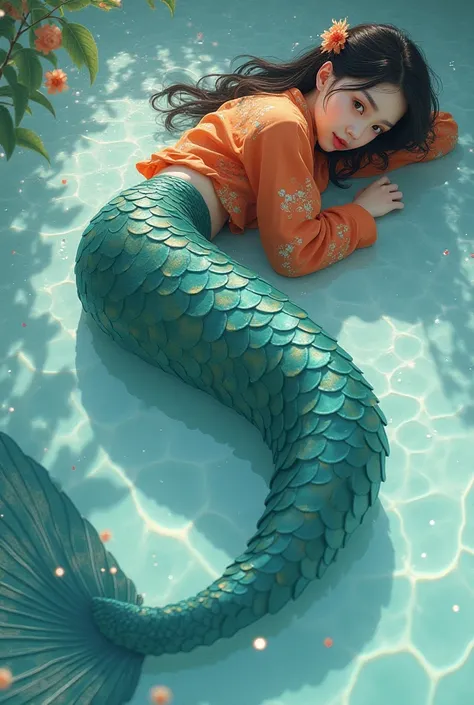 Make me a Chinese ager girl wear Chinese shirt and transformation into mermaid her stomach laying on the floor 