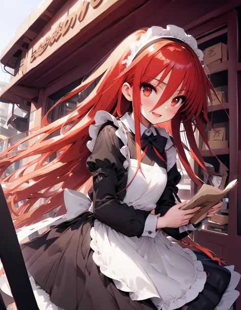 shana ,Alone, long hair, Red Hair, red eyes, stupid hair,smile,blush, open their mouths,Maid服,rib tights , black pantyhose , pin heels,black色ロングスカート,Maid head dress , Maid apron, Maid Dress,Maid, Maid outfit,black_ dress ,Holding a stack of papers in bo...