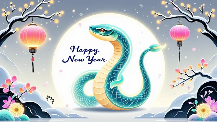 A cute snake, simple graphic illustration style, with colorful flowers and lanterns all around. with “Happy New Year” written on the top of the screen, with “2025” written below. background is white, vector graphics, Simple shapes, Flat design, There are a...